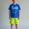Smile Graphic T-Shirt & Shorts Set – Royal Blue Tee with Neon Lime Shorts, Summer Casual 2-Piece Outfit
