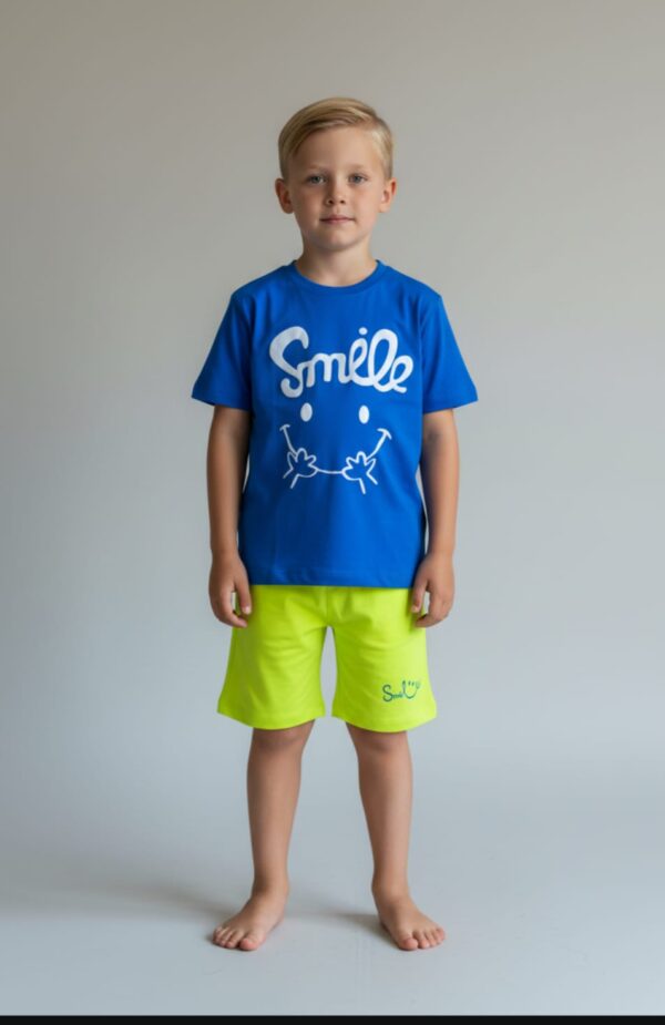 WhatsApp Image 2026-10-03 at 1.14.11 PM (1) Smile Graphic T-Shirt & Shorts Set – Royal Blue Tee with Neon Lime Shorts, Summer Casual 2-Piece Outfit