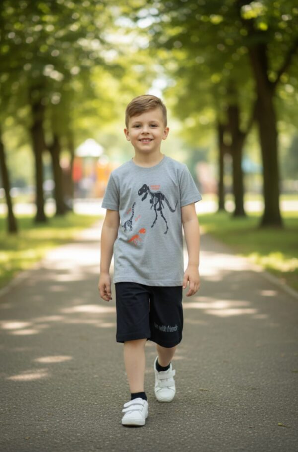 Dinosaur Graphic T-Shirt & Shorts Set – Heather Grey Tee with Black Shorts, Summer Casual 2-Piece Outfit