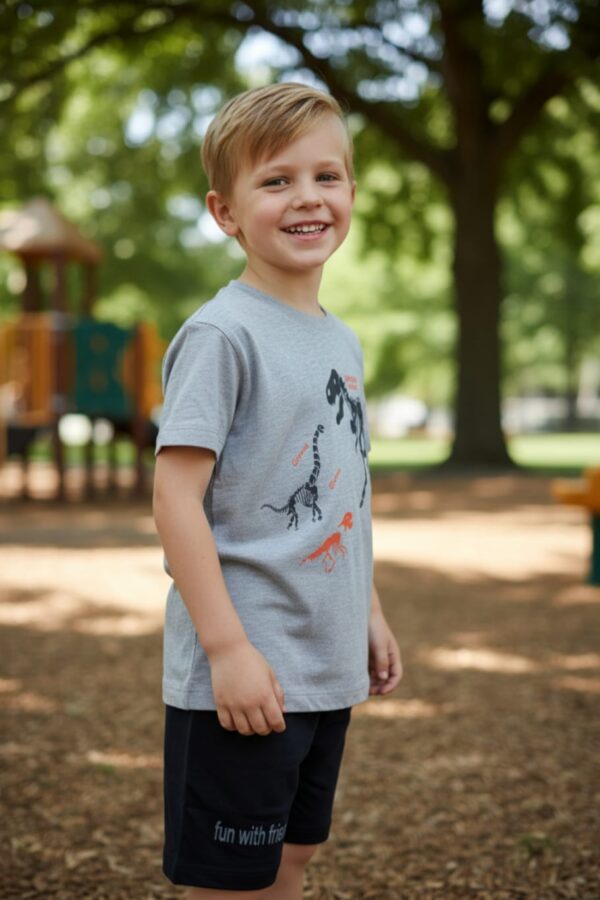 Dinosaur Graphic T-Shirt & Shorts Set – Heather Grey Tee with Black Shorts, Summer Casual 2-Piece Outfit