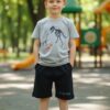 Dinosaur Graphic T-Shirt & Shorts Set – Heather Grey Tee with Black Shorts, Summer Casual 2-Piece Outfit