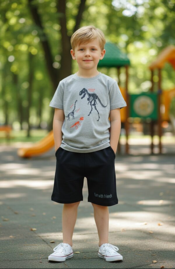 Dinosaur Graphic T-Shirt & Shorts Set – Heather Grey Tee with Black Shorts, Summer Casual 2-Piece Outfit