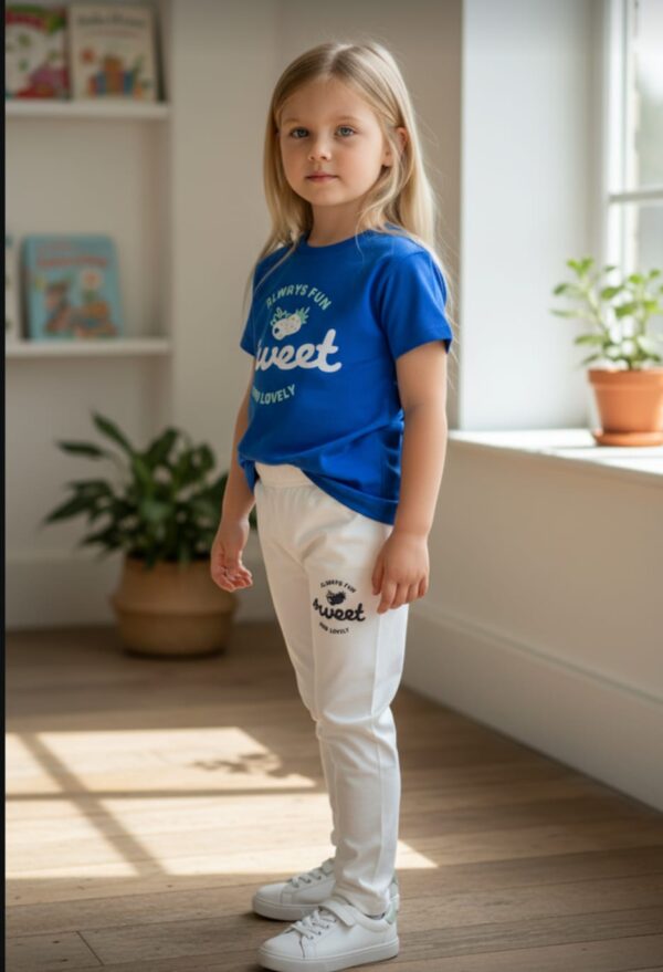 WhatsApp Image 2026-10-03 at 1.14.18 PM (1) Sweet Strawberry Graphic T-Shirt & Leggings Set – Royal Blue Tee with Cream Leggings, Casual 2-Piece Outfit