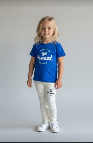 Sweet Strawberry Graphic T-Shirt & Leggings Set – Royal Blue Tee with Cream Leggings, Casual 2-Piece Outfit