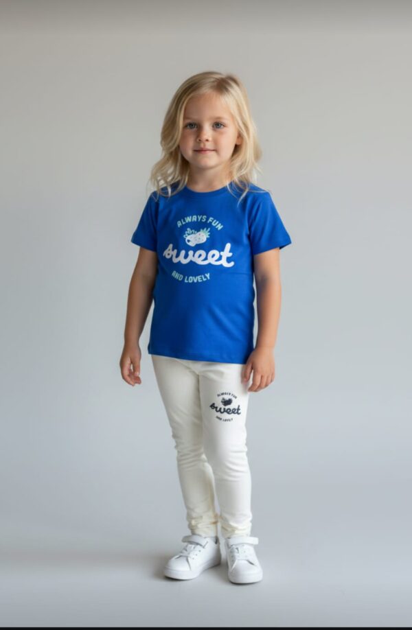 WhatsApp Image 2026-10-03 at 1.14.19 PM (1) Sweet Strawberry Graphic T-Shirt & Leggings Set – Royal Blue Tee with Cream Leggings, Casual 2-Piece Outfit
