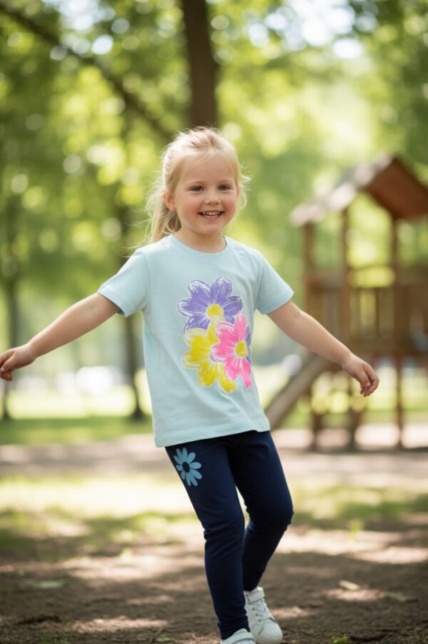 WhatsApp Image 2026-10-03 at 1.14.20 PM (1) Flower Graphic T-Shirt & Leggings Set – Pastel Aqua Tee with Navy Blue Leggings, Casual 2-Piece Outfit
