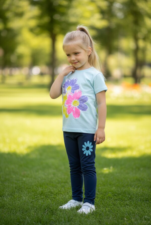 WhatsApp Image 2026-10-03 at 1.14.20 PM Flower Graphic T-Shirt & Leggings Set – Pastel Aqua Tee with Navy Blue Leggings, Casual 2-Piece Outfit