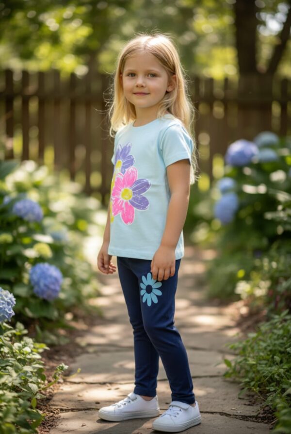 WhatsApp Image 2026-10-03 at 1.14.24 PM Flower Graphic T-Shirt & Leggings Set – Pastel Aqua Tee with Navy Blue Leggings, Casual 2-Piece Outfit