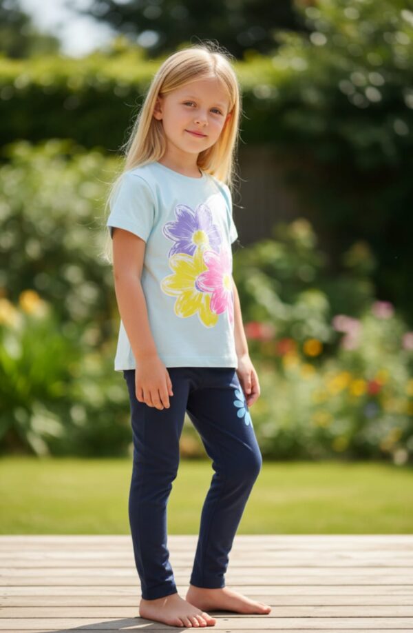 WhatsApp Image 2026-10-03 at 1.14.25 PM Flower Graphic T-Shirt & Leggings Set – Pastel Aqua Tee with Navy Blue Leggings, Casual 2-Piece Outfit
