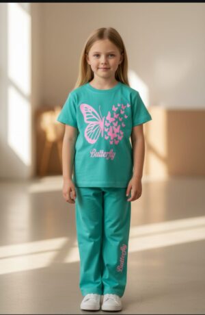 Butterfly Graphic T-Shirt & Pants Set – Teal Green Tee with Matching Straight-Leg Pants, Casual 2-Piece Outfit